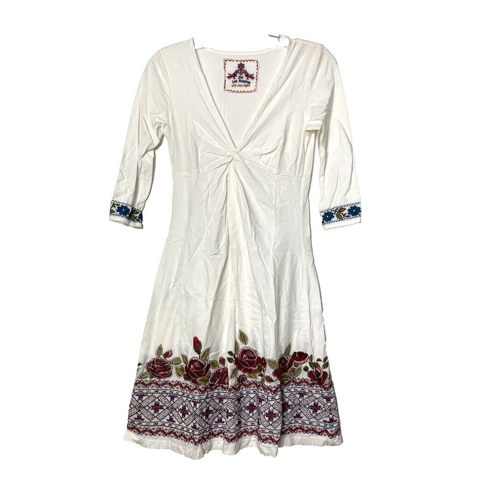 Johnny Was Mini Dress Size S Floral Embroidered  Sleeves 3/4 Fit & Flare